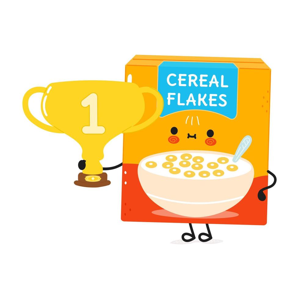 Cute funny cereal flakes hold gold trophy cup. Vector hand drawn cartoon kawaii character illustration icon. Isolated on white background. Cereal flakes with winner trophy cup