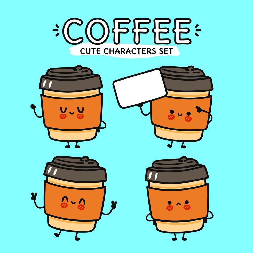 Funny cute happy coffee paper cup characters bundle set. Vector kawaii line cartoon style illustration. Cute coffee paper cup mascot character collection