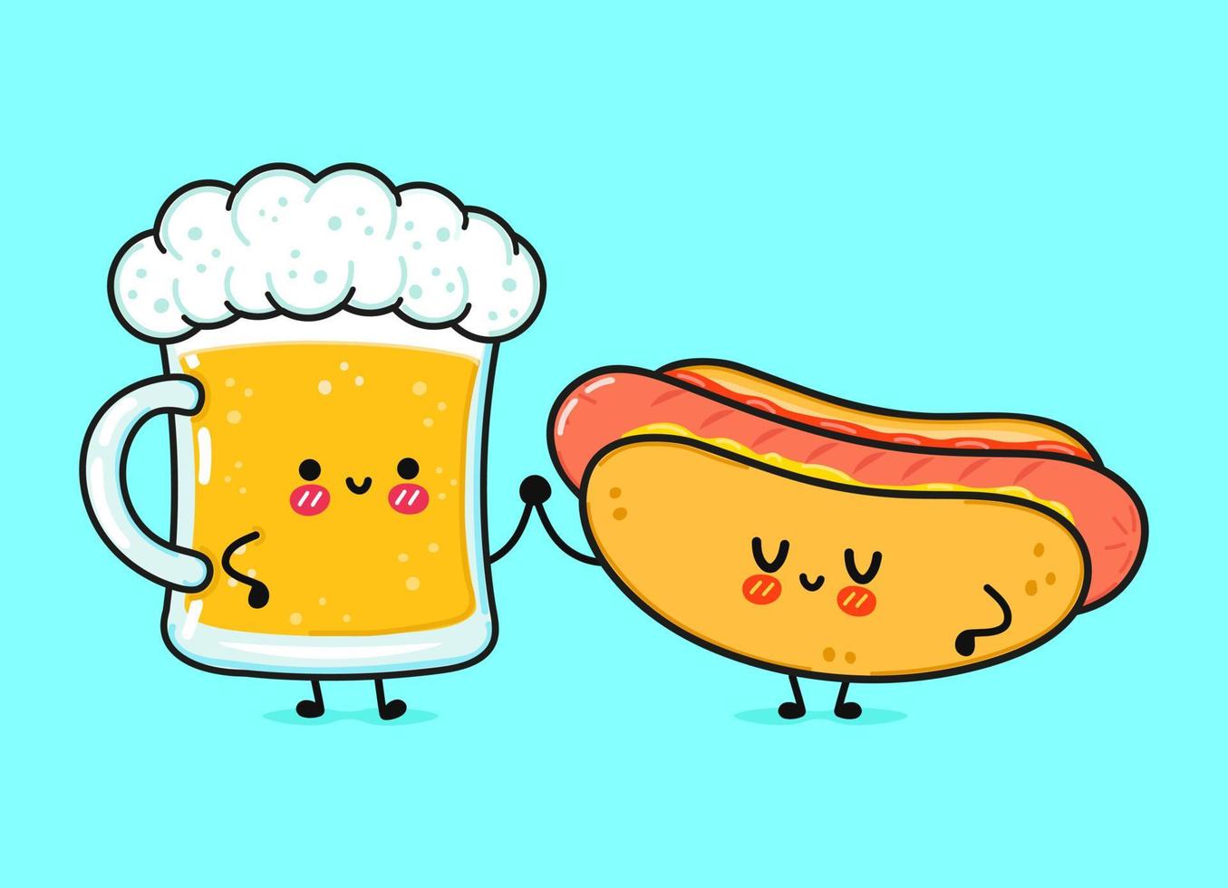 Cute, funny happy glass of beer and hot dog. Vector hand drawn cartoon kawaii characters, illustration icon. Funny cartoon glass of beer and hot dog mascot friends concept