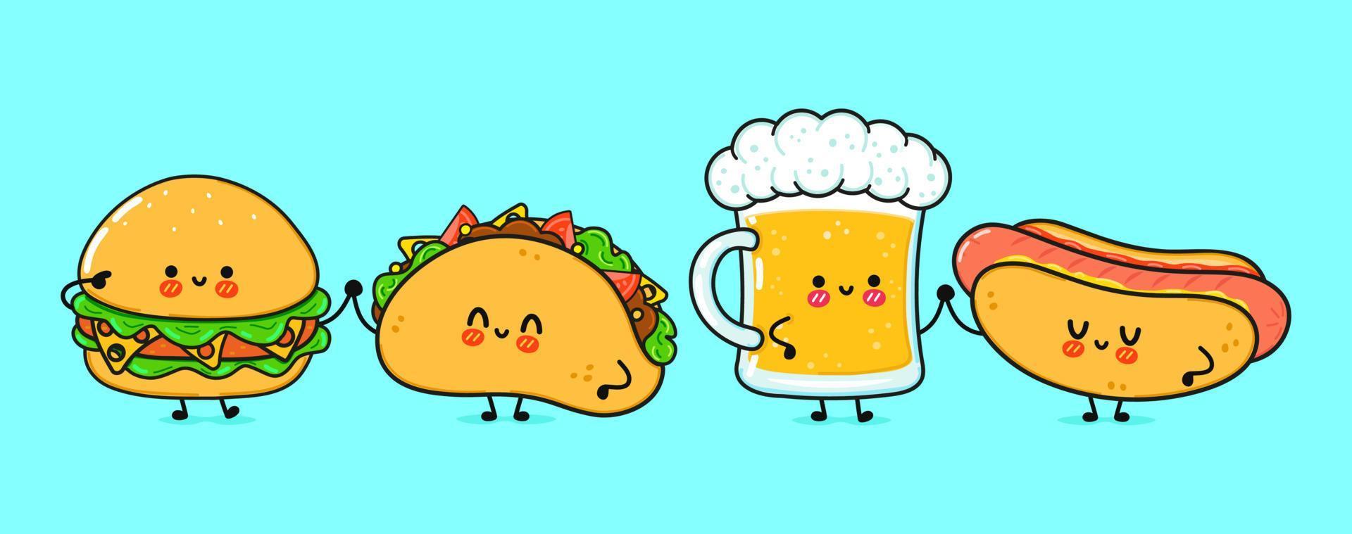 lindo, divertido y feliz vaso de cerveza, hot dog, hamburguesa, taco. personajes kawaii de dibujos animados dibujados a mano vectorial, icono de ilustración. divertido vaso de dibujos animados de cerveza, hot dog, hamburguesa, concepto de amigos de la mascota del taco vector