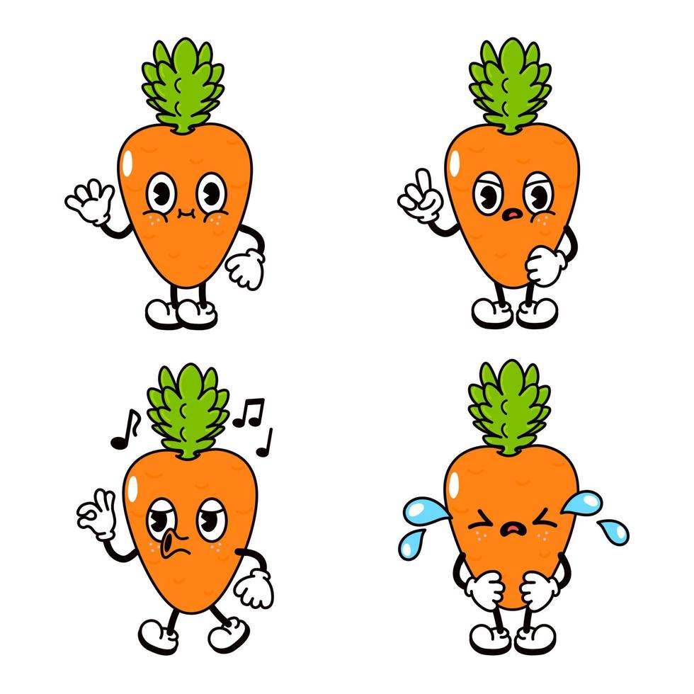 Funny cute carrot characters bundle set. Vector hand drawn doodle style traditional cartoon vintage, retro character illustration icon design. Isolated white background. Happy carrot mascot character