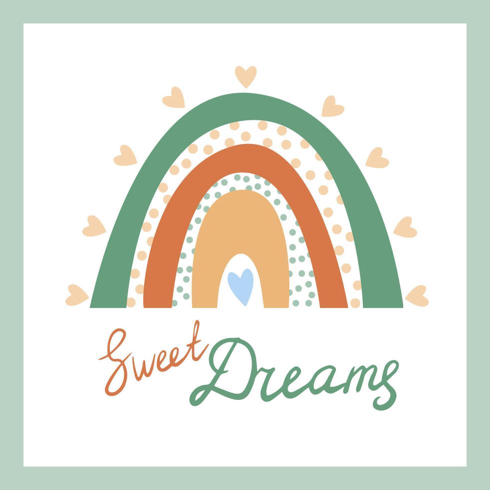 A boho style rainbow with decorative elements. Hand drawn lettering. Minimalist abstract Scandinavian design in pastel colors vector