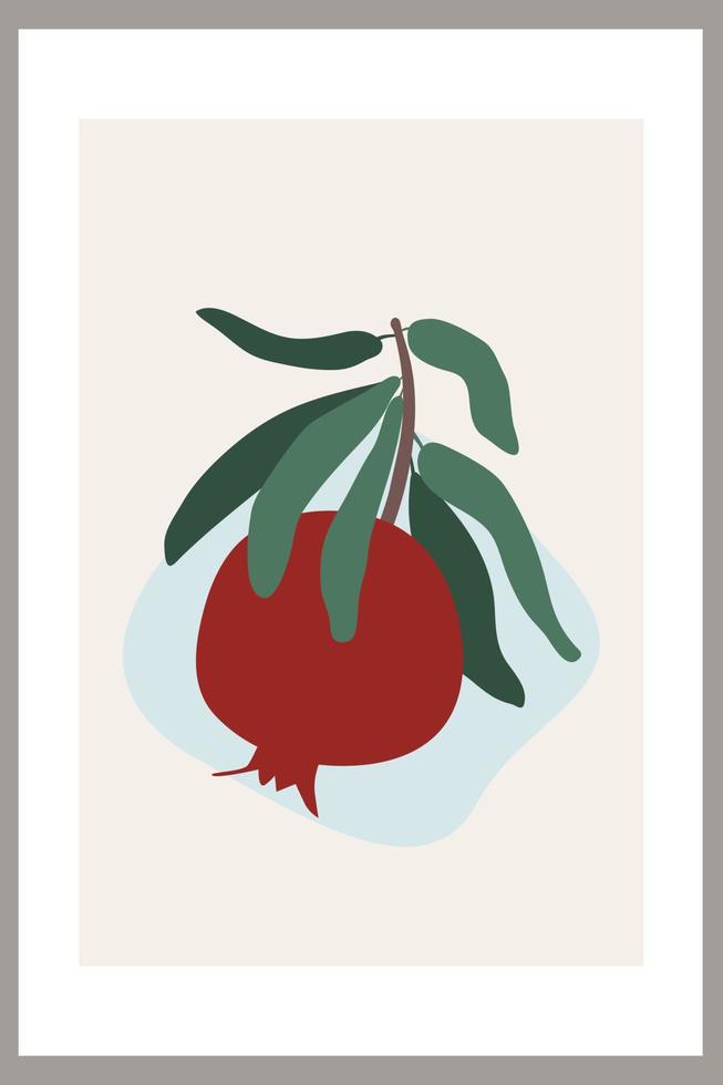 Pomegranate on a branch with leaves. Template with abstract composition of simple shapes and fruits. Minimalism vector
