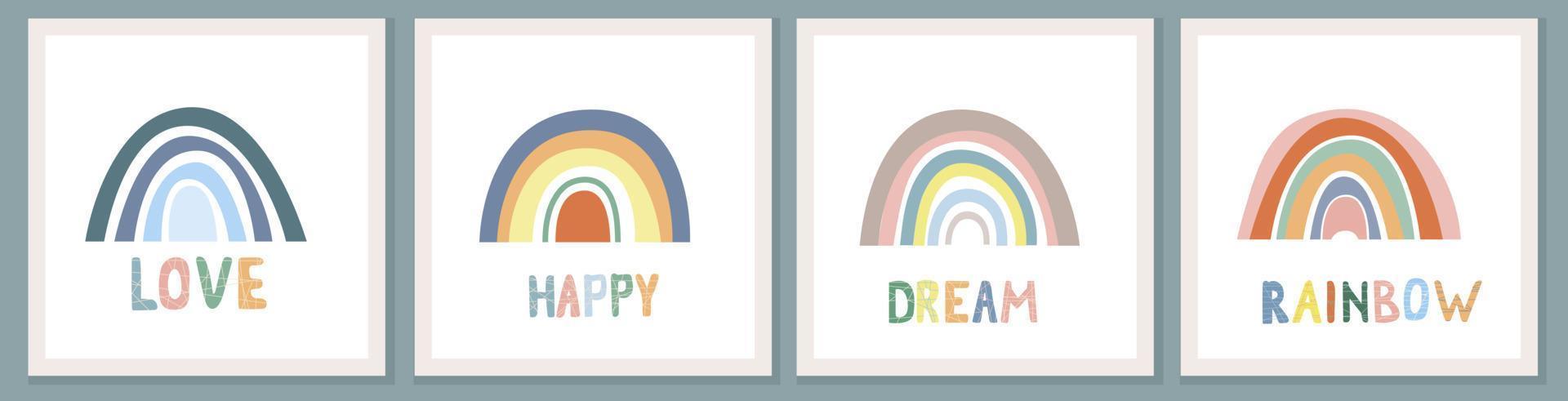 Set of cards with Rainbow and sun in boho style. Hand drawn lettering. Minimalist abstract Scandinavian design vector