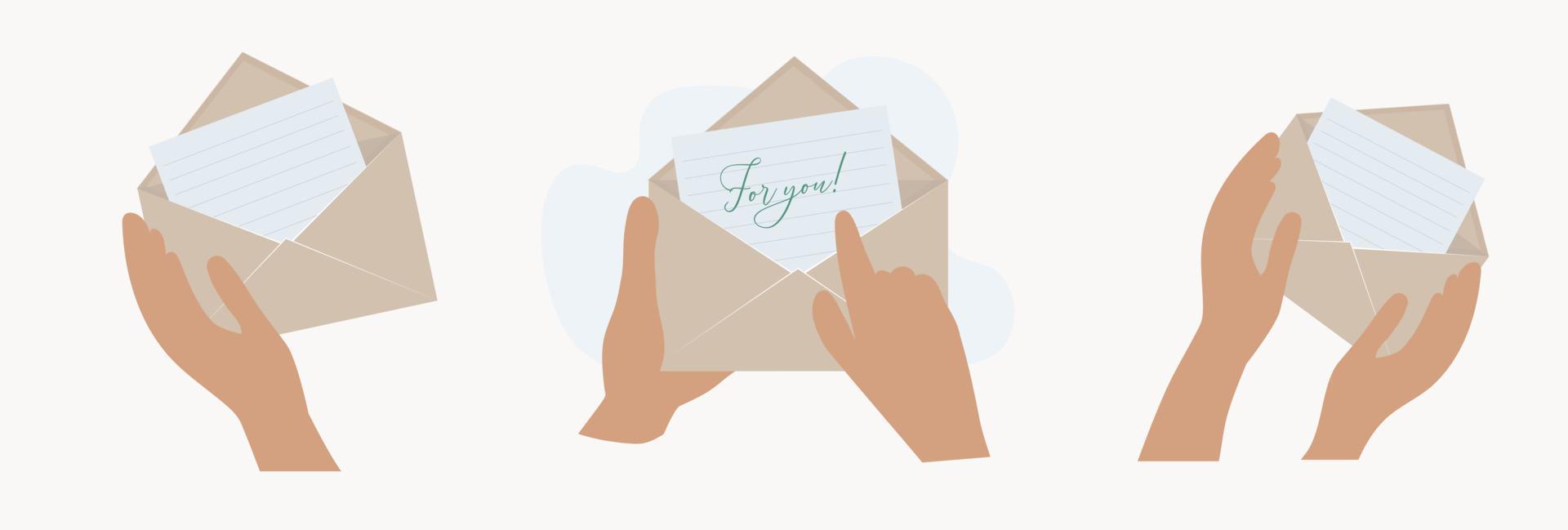 Set of a woman's hands holding a kraft paper envelope. Sending and receiving a letter. Inside blank card, letter paper. vector