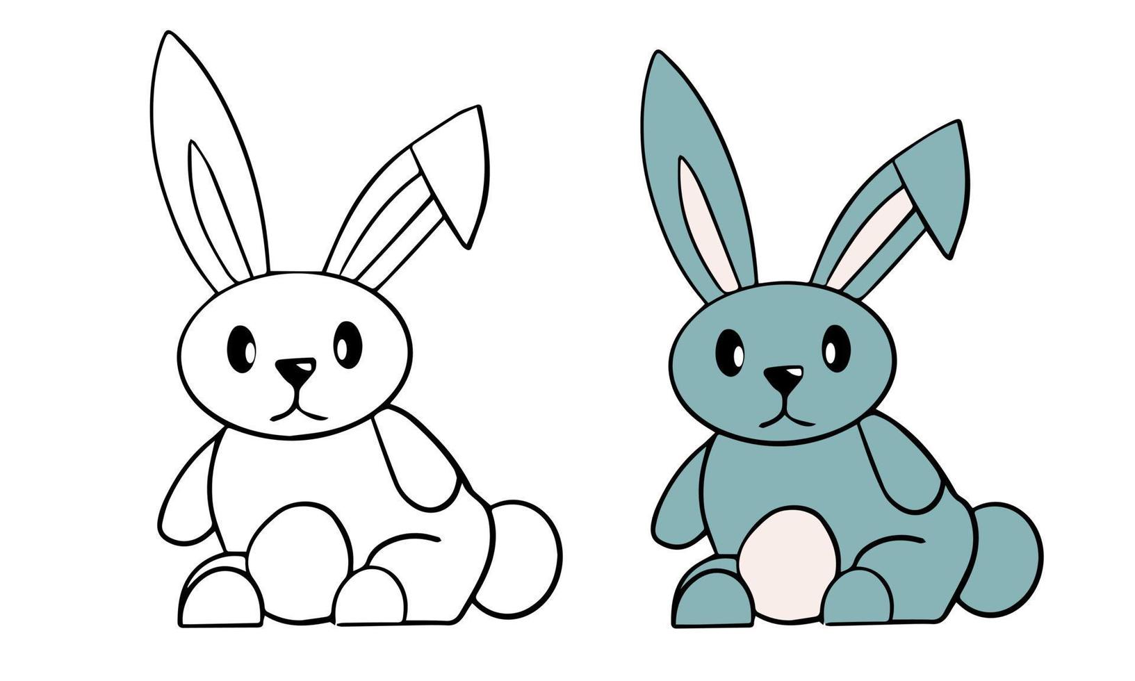 Vector coloring page cartoon character for children. Cute bunny. Line art and beast in color for example. Learning to drawing
