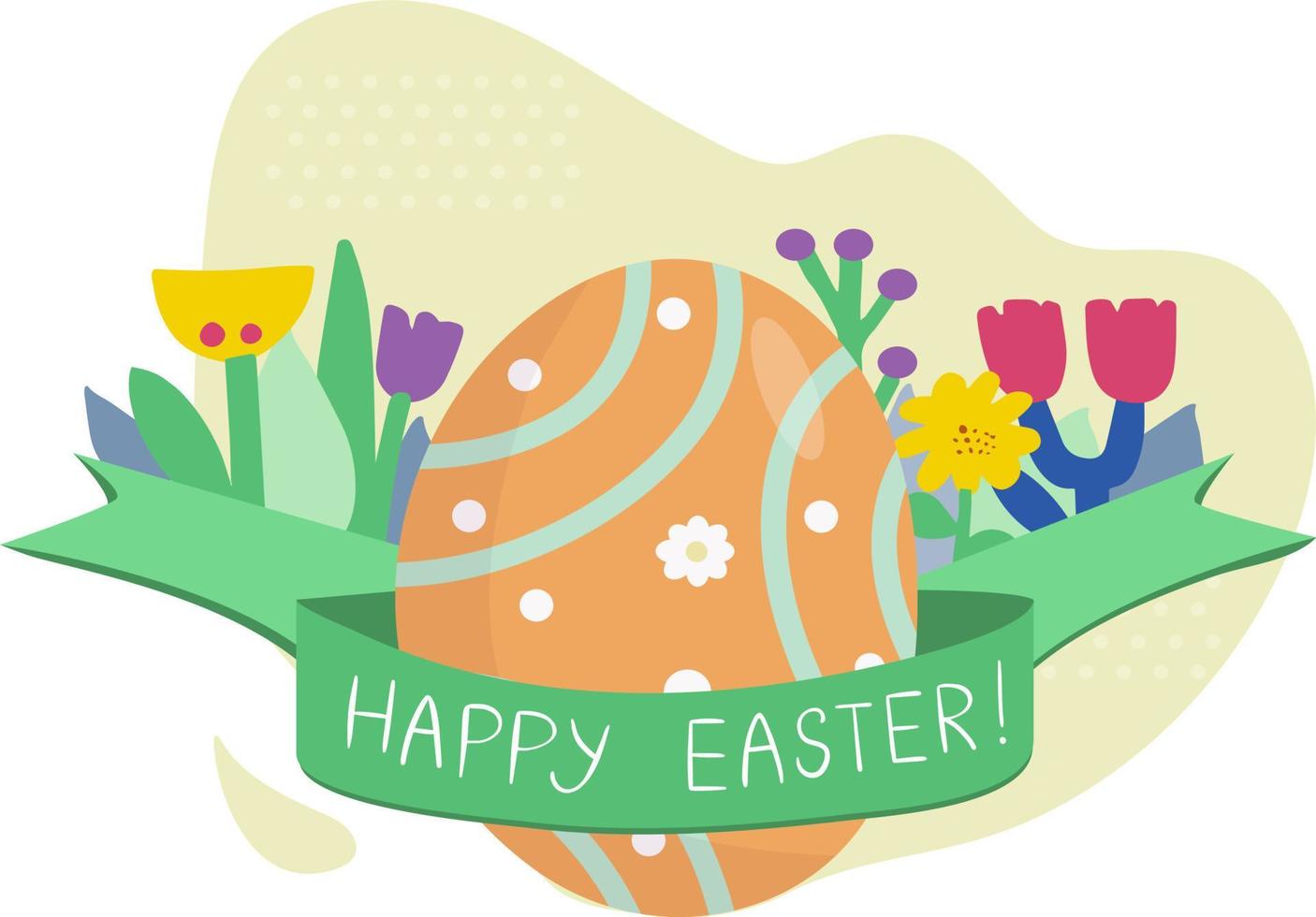 Hand painted Easter egg. Decorated with ribbon flowers and leaves. Symbols of the great Easter, greeting card. vector