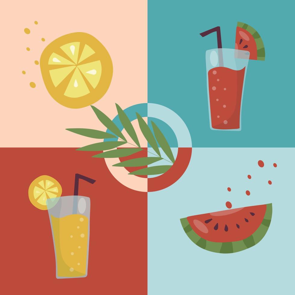 Set of summer refreshing fruit cocktails. Non-alcoholic drinks in a simple glass glass and straw. Smoothie design and fresh fruit slices. Healthy vegan food. vector