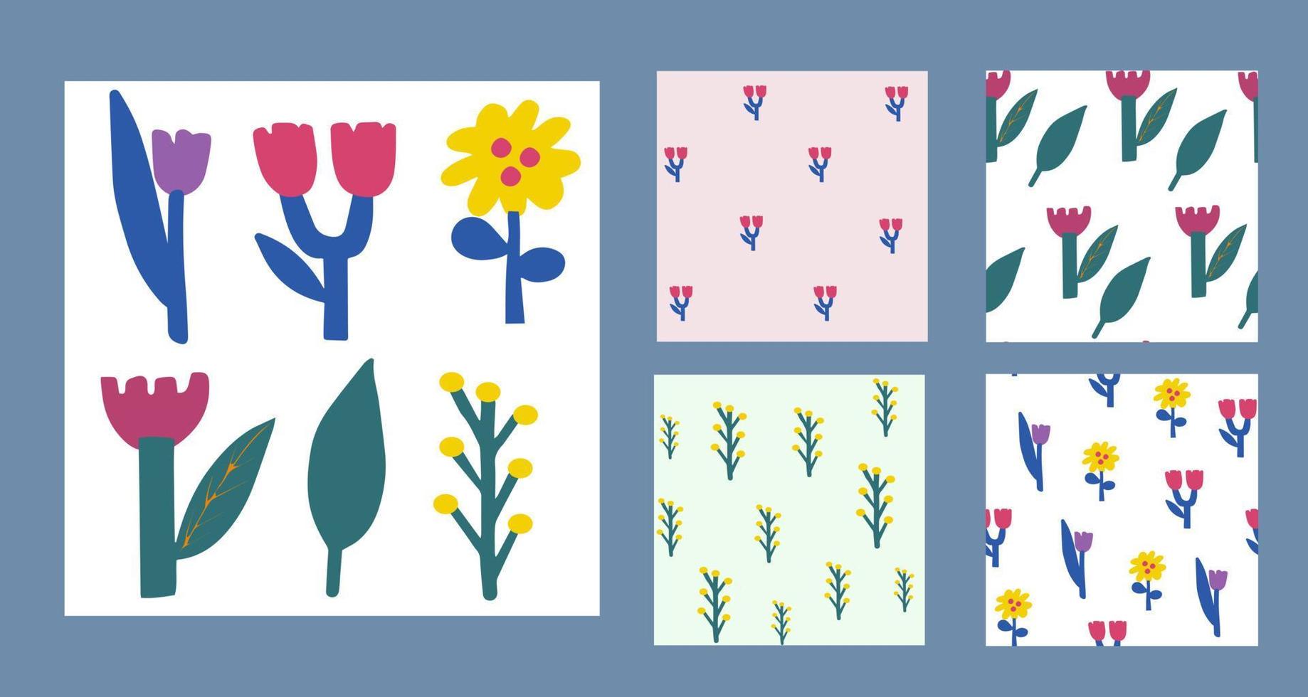 Set of botanical elements in Scandinavian style for design. Hand drawn vector illustration. seamless floral patterns. make up your own print