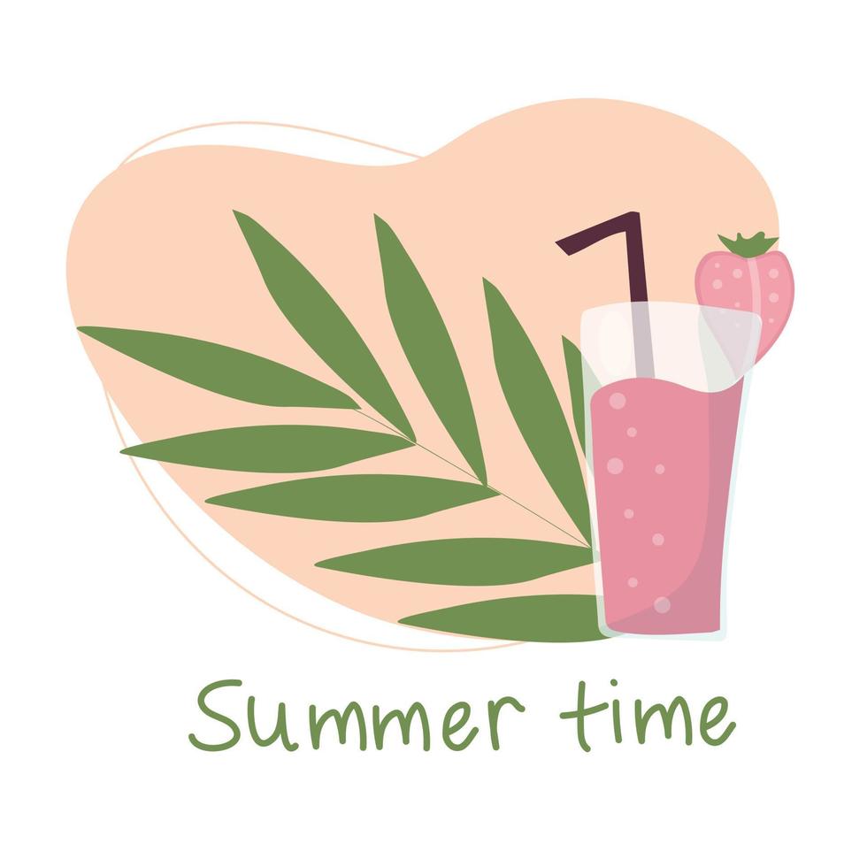 Summer refreshing fruit cocktail. Non-alcoholic drinks in a simple glass glass and straw. Fresh smoothies and slices of fresh fruit against a backdrop of palm leaves. Healthy vegan food. vector