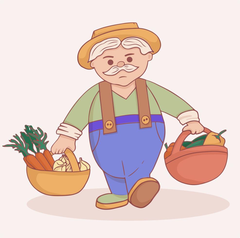 Cute farmer character. Grandfather with two baskets of crops. Harvesting vegetables vector