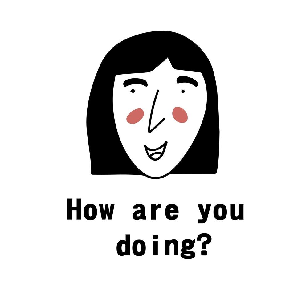 Vector portrait of a female character. Cartoon funny minimalistic woman. Contour face doodles with emotion and mood. Avatar for social networks, greeting card. Wall art poster