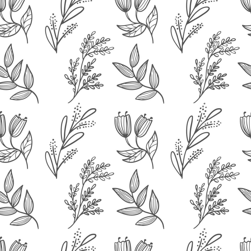 Seamless pattern of spring, summer flowers and herbs. Hand-painted wildflowers and plants. Line art. vector