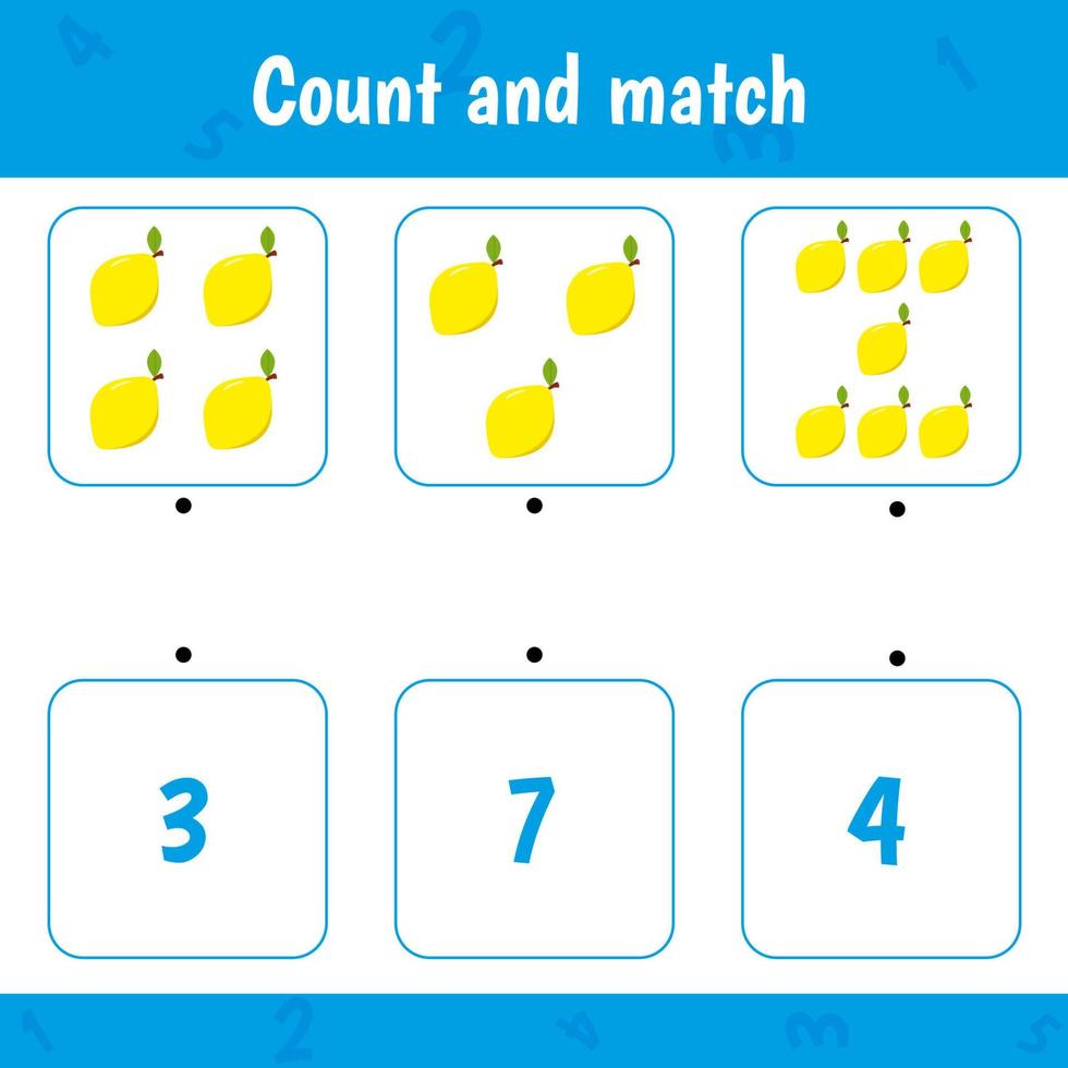 Count and match. Math activity game for kids. Lemons vector