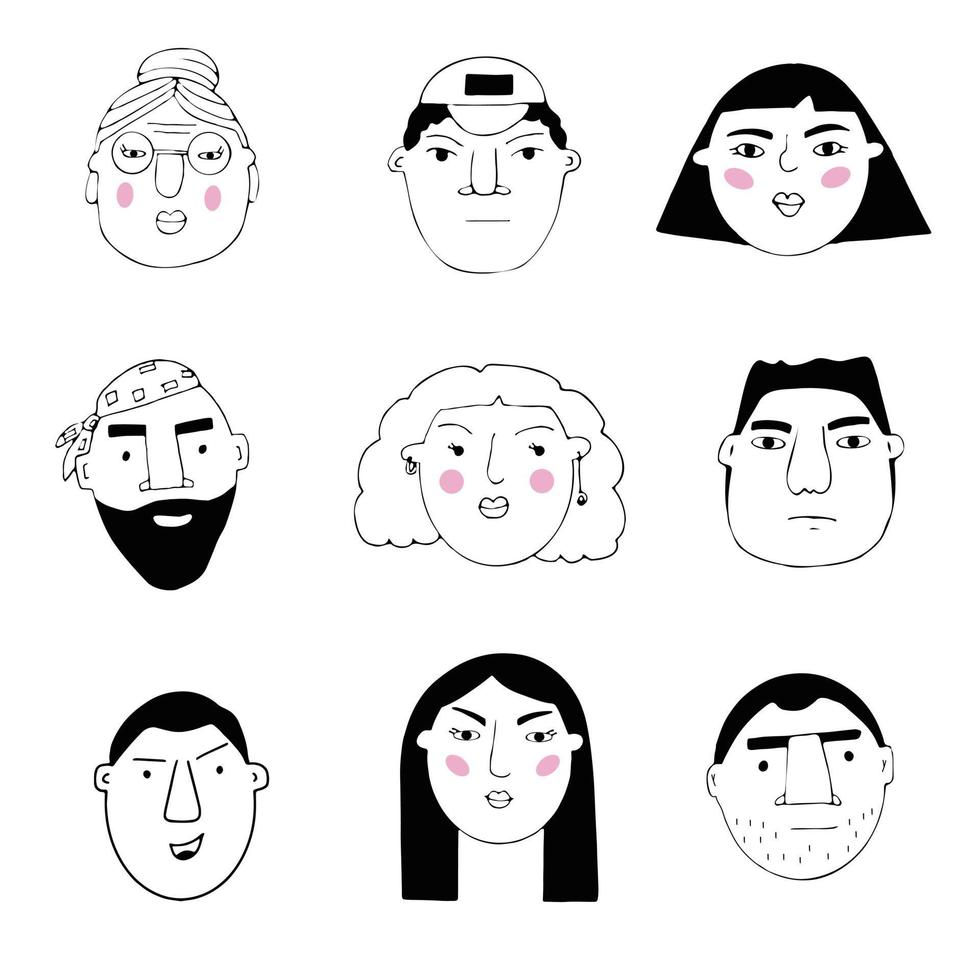 Vector set of portraits of people. Cartoon funny minimalistic female and male characters. Drawings of people's faces with different emotions and moods. Avatar for social networks