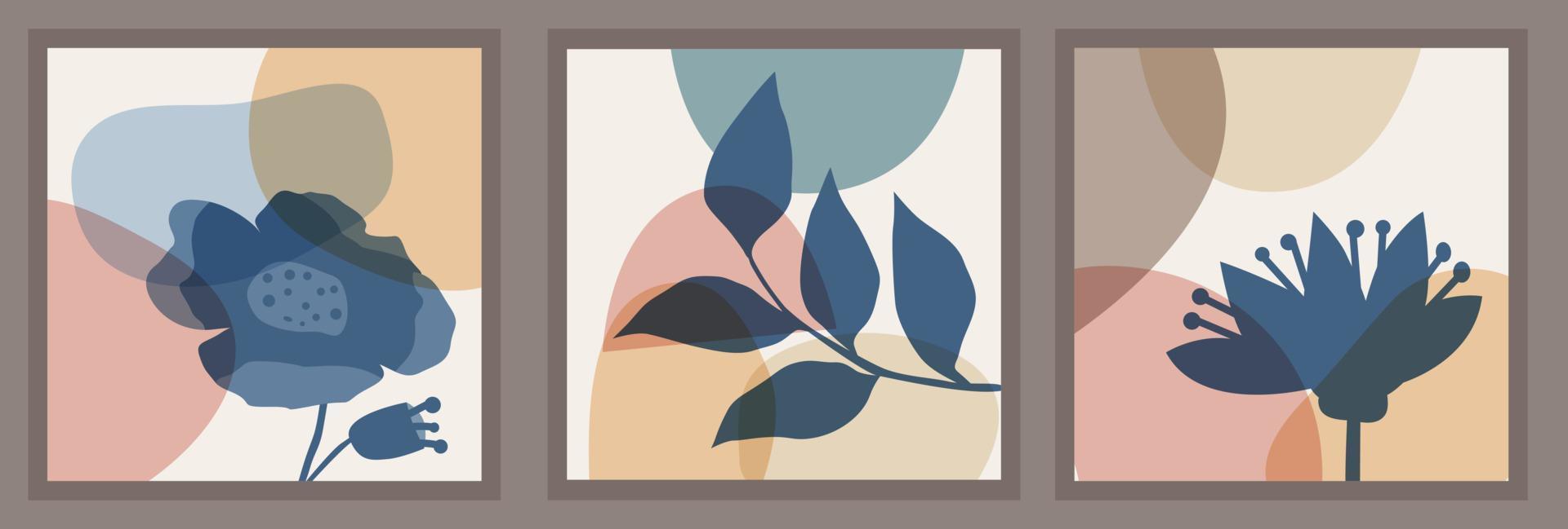 Set of templates with abstract composition of simple shapes and natural botanical elements. Collage style, minimalism vector