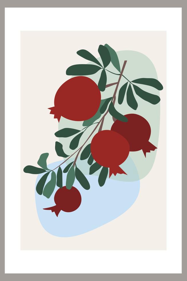 Pomegranate on a branch with leaves. Template with abstract composition of simple shapes and fruits. Minimalism vector