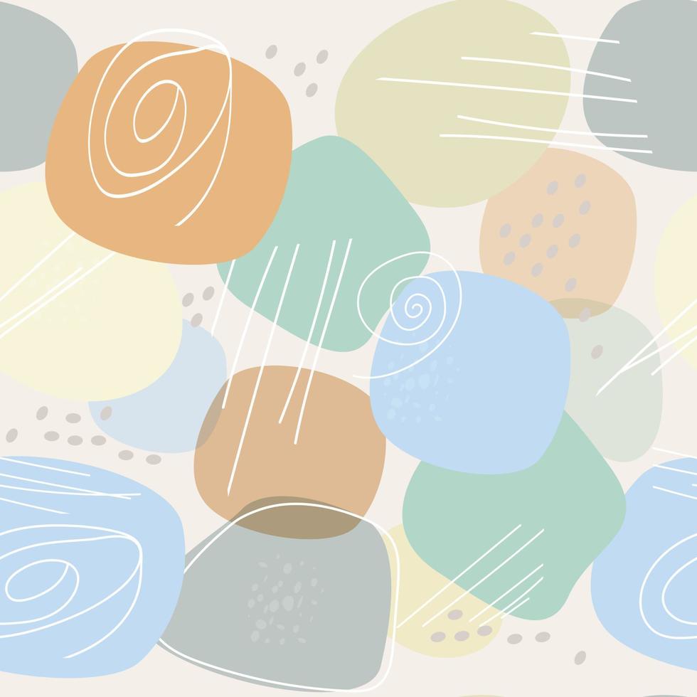 Seamless pattern with an abstract composition of simple shapes and lines. Collage style, minimalism. Colored stones. Pastel earthy colors. vector