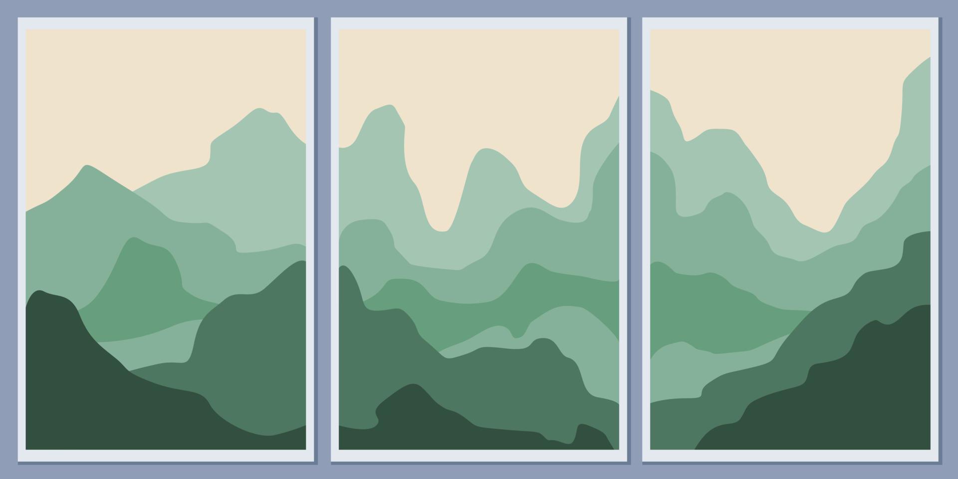 A set of minimalistic monochrome landscapes. Abstract mountains for a stylish background. Poster in fashionable colors vector