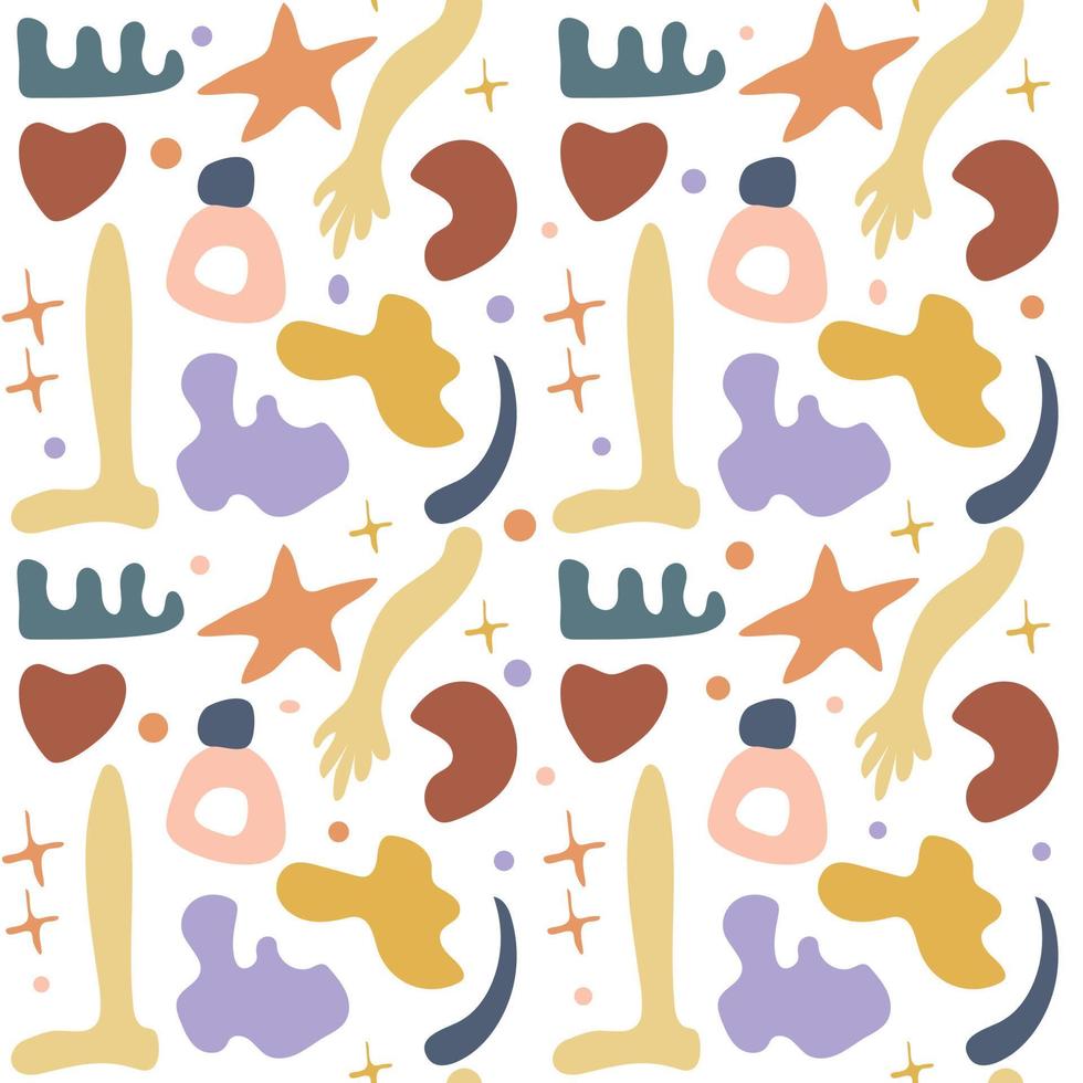 Seamless abstraction pattern of simple organic shapes. Natural botanical elements, stars vector