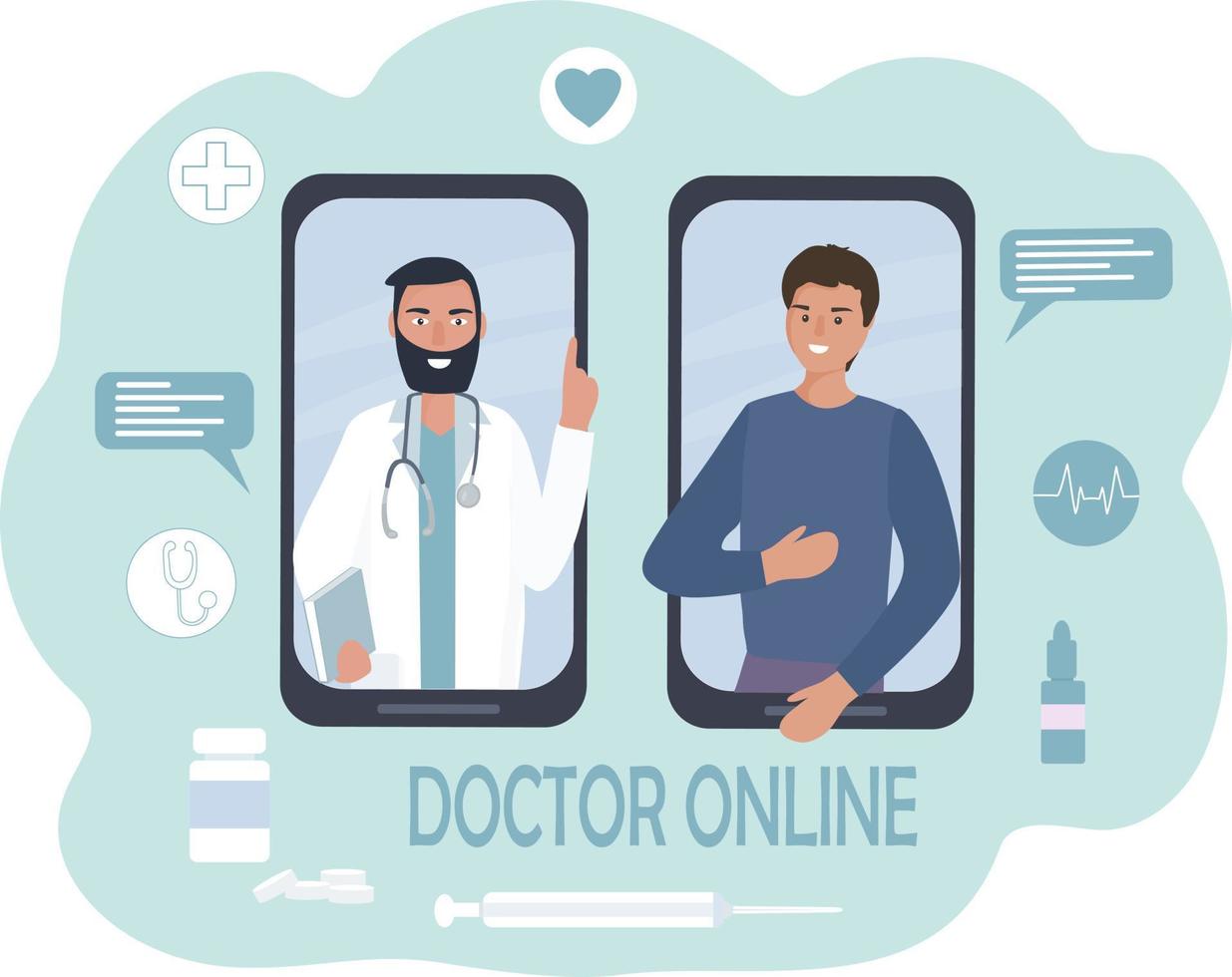 Online medical consultation and care. A person talks to a doctor on a cell phone, using video calls and messenger messages. Telemedicine, remote communication between the patient and the doctor vector