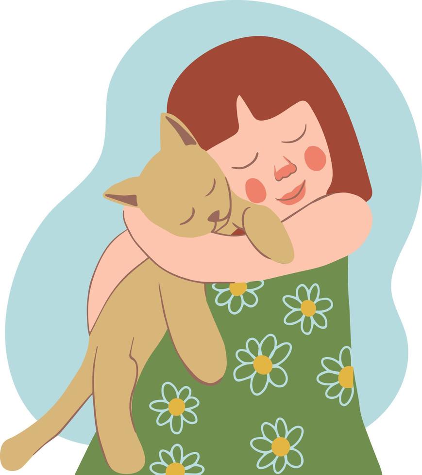 A cute little girl holding a cat in her arms. Portrait of a happy owner with a beloved pet. kindness and love for animals vector