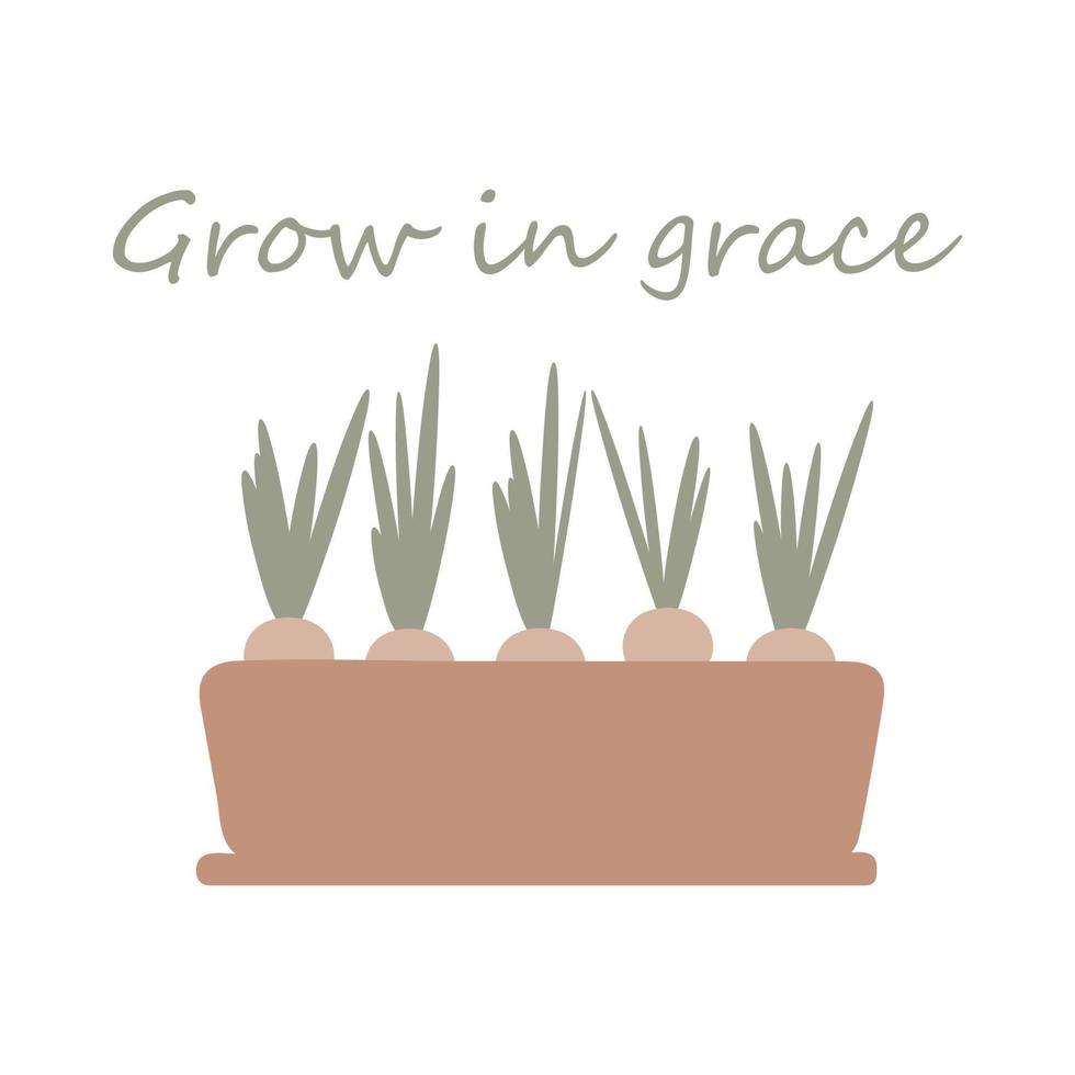 Grow in grace. Bible quote. Home garden on a window or balcony. Vector illustration. spring time.