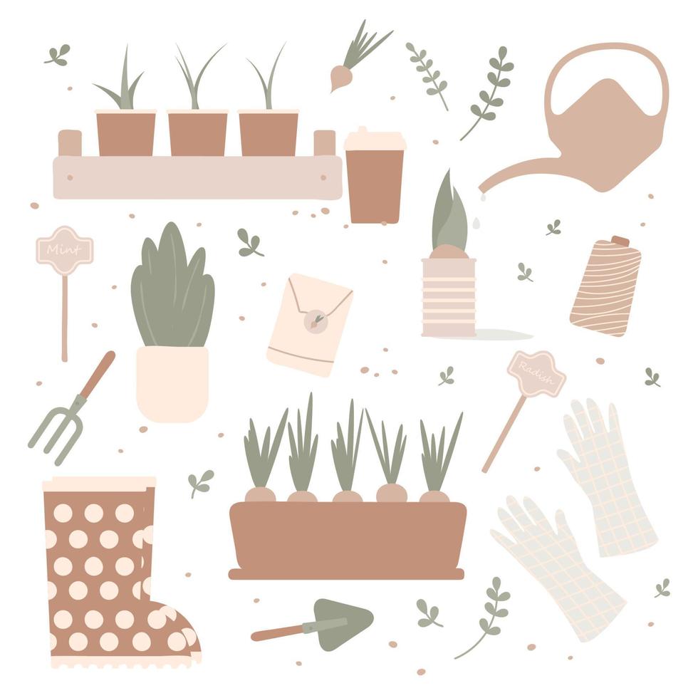ilustración vectorial de pala de elementos de jardinería, horca, plantas, lata de riego, hierba, flores, guantes de jardín, botas de goma, semillas y cero residuos. tiempo de primavera vector