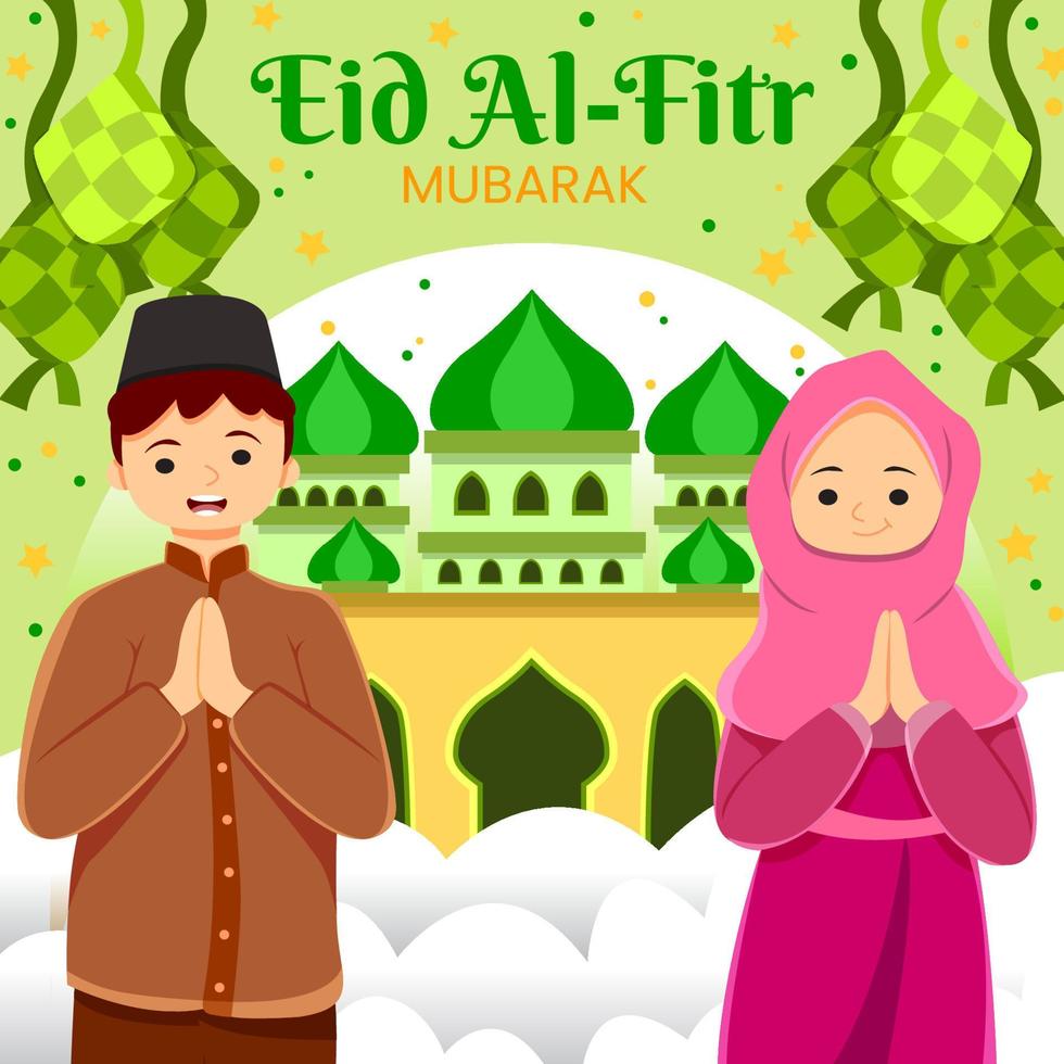 Couple Celebrating Idul Fitri with Mosque and Ketupat vector