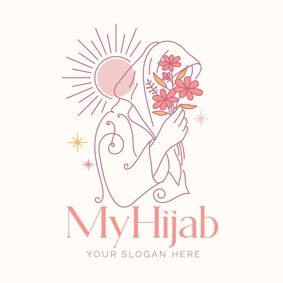 linear minimal women wearing hijab logo vector