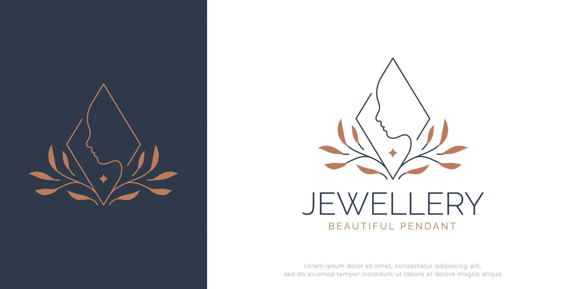 floral linear style jewelry pendant and woman logo vector