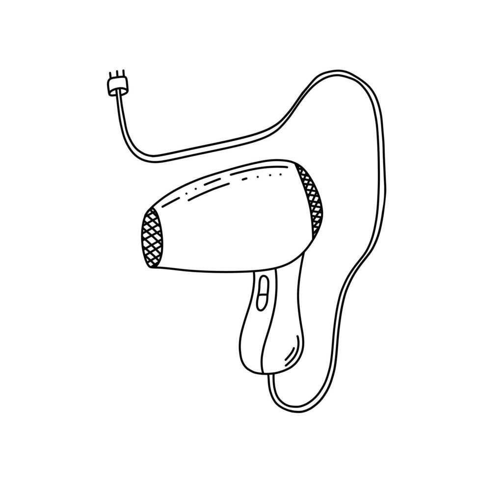 Hand drawn vector illustration of hair dryer icon in doodle style. Cute illustration of hair dryer on white background.