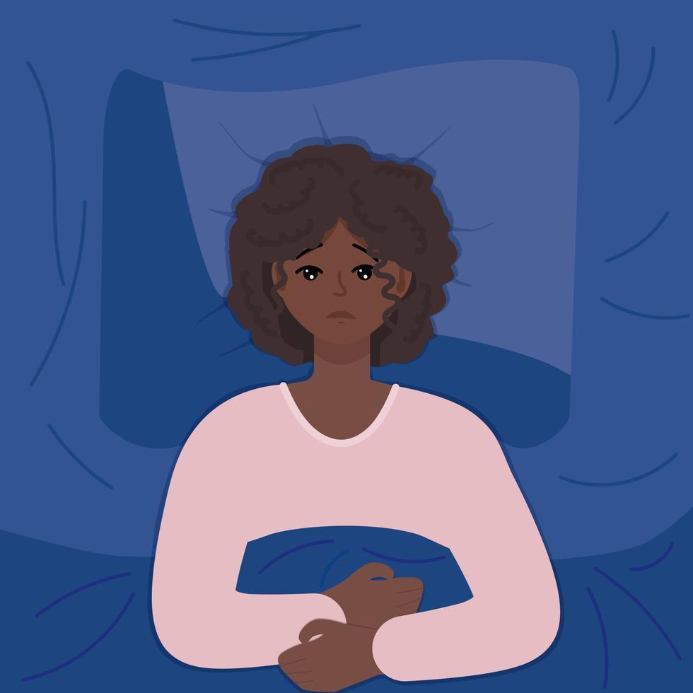 Young dark skinned woman suffering from insomnia in bed, lying in bedroom. Tired person with insomnia. Sleeplessness problem concept. vector