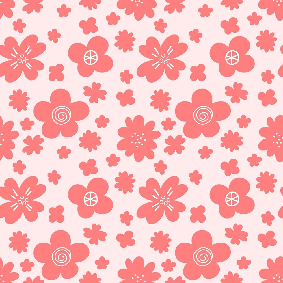 Seamless pattern with red flowers on a light red background. Bright floral print. Texture for fashionable fabric, wrapping paper. vector