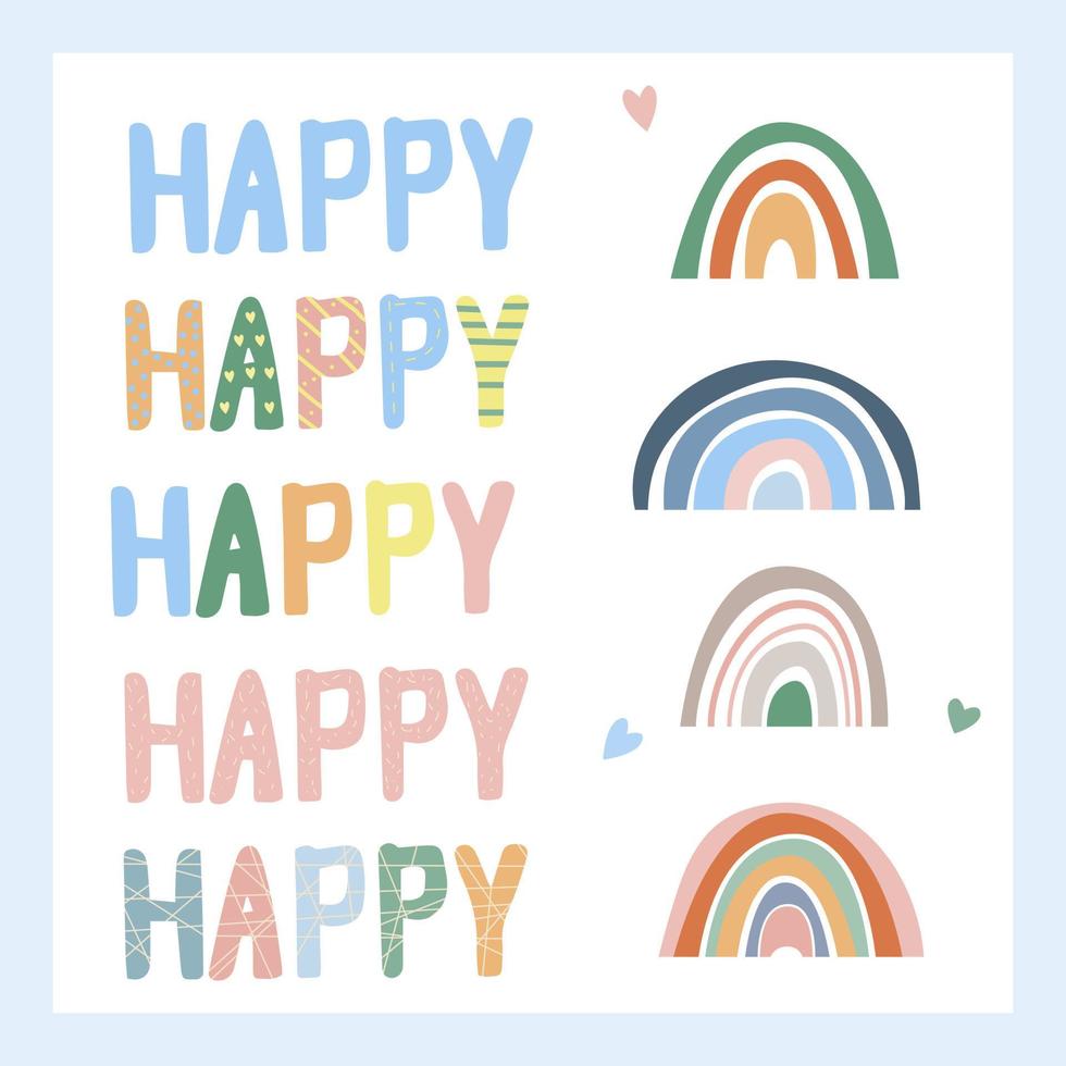 Happy lettering, elements for design. Hand drawn. Boho style rainbow and pastel colors. Abstraction and minimalism vector