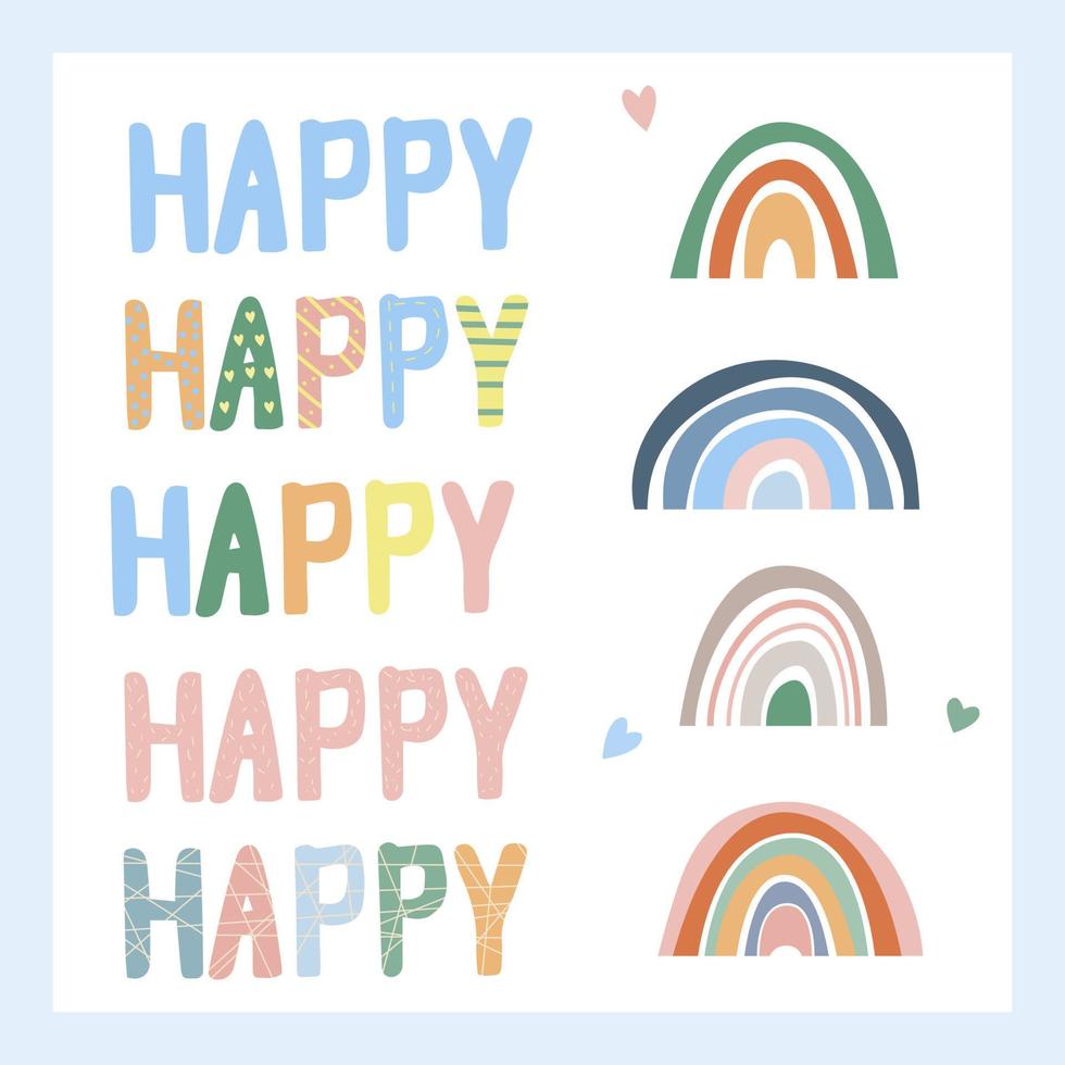 Happy lettering, elements for design. Hand drawn. Boho style rainbow and pastel colors. Abstraction and minimalism vector