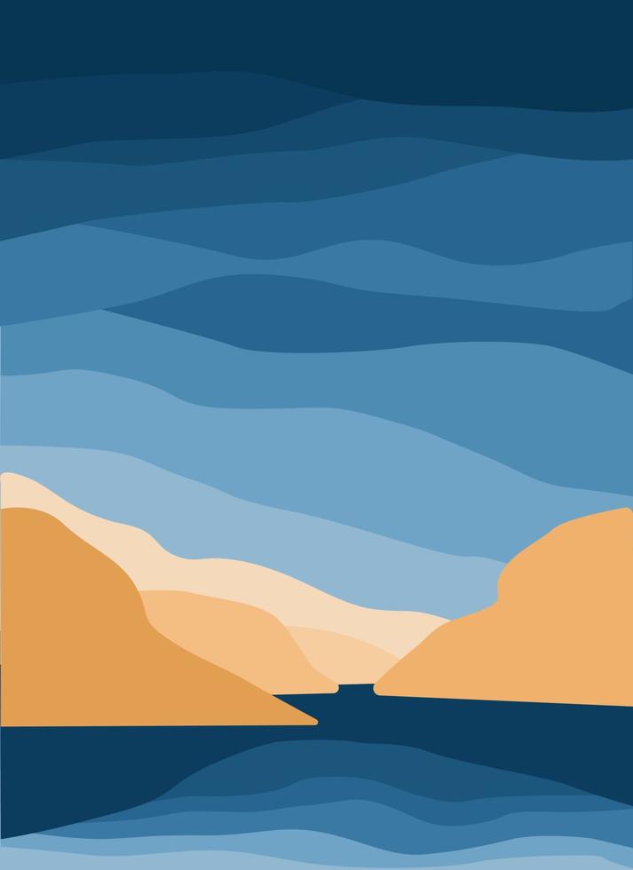 Minimalist landscape. Abstract mountains and sea for a stylish background. Poster of different shades of blue. vector