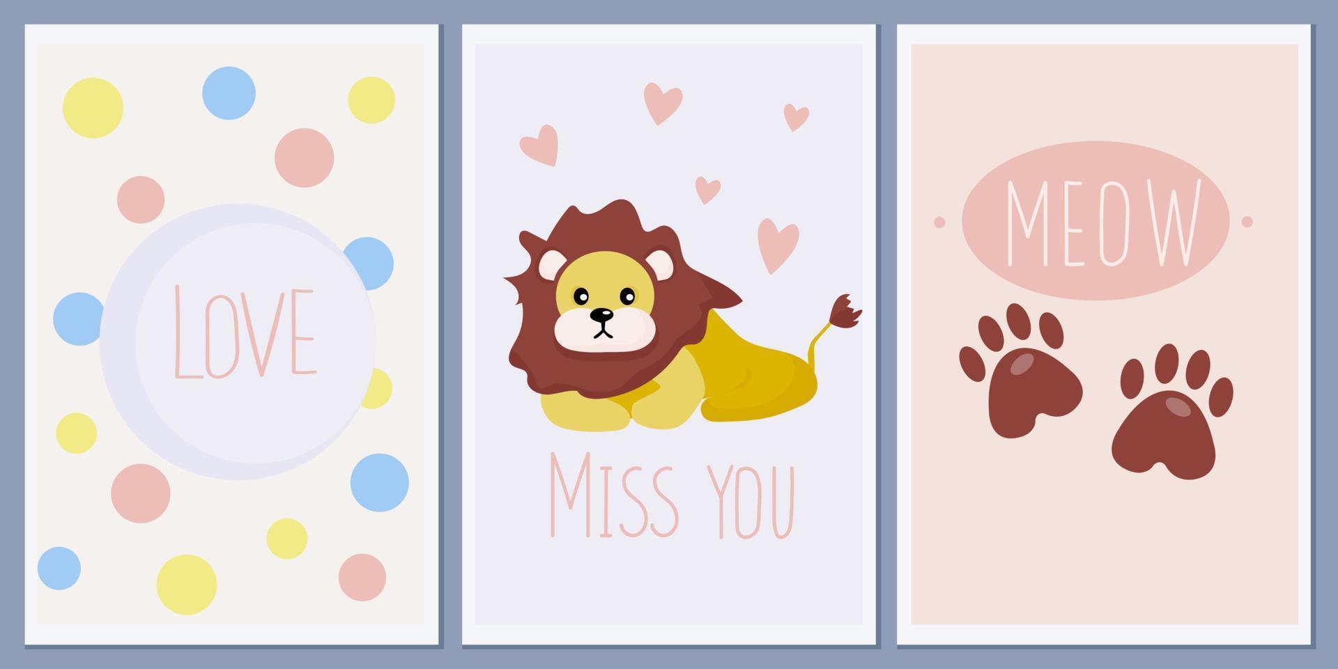 A set of templates for greeting cards and baby shower invitations with animals. Cute lion. Paw prints. vector