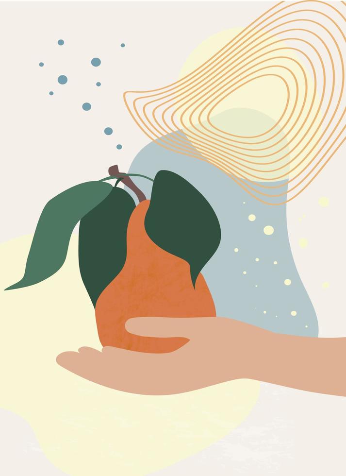 una pera fresca en la mano de una mujer. una golosina de frutas. plantilla con una composición abstracta de formas y líneas simples. minimalista, estilo boho. vector