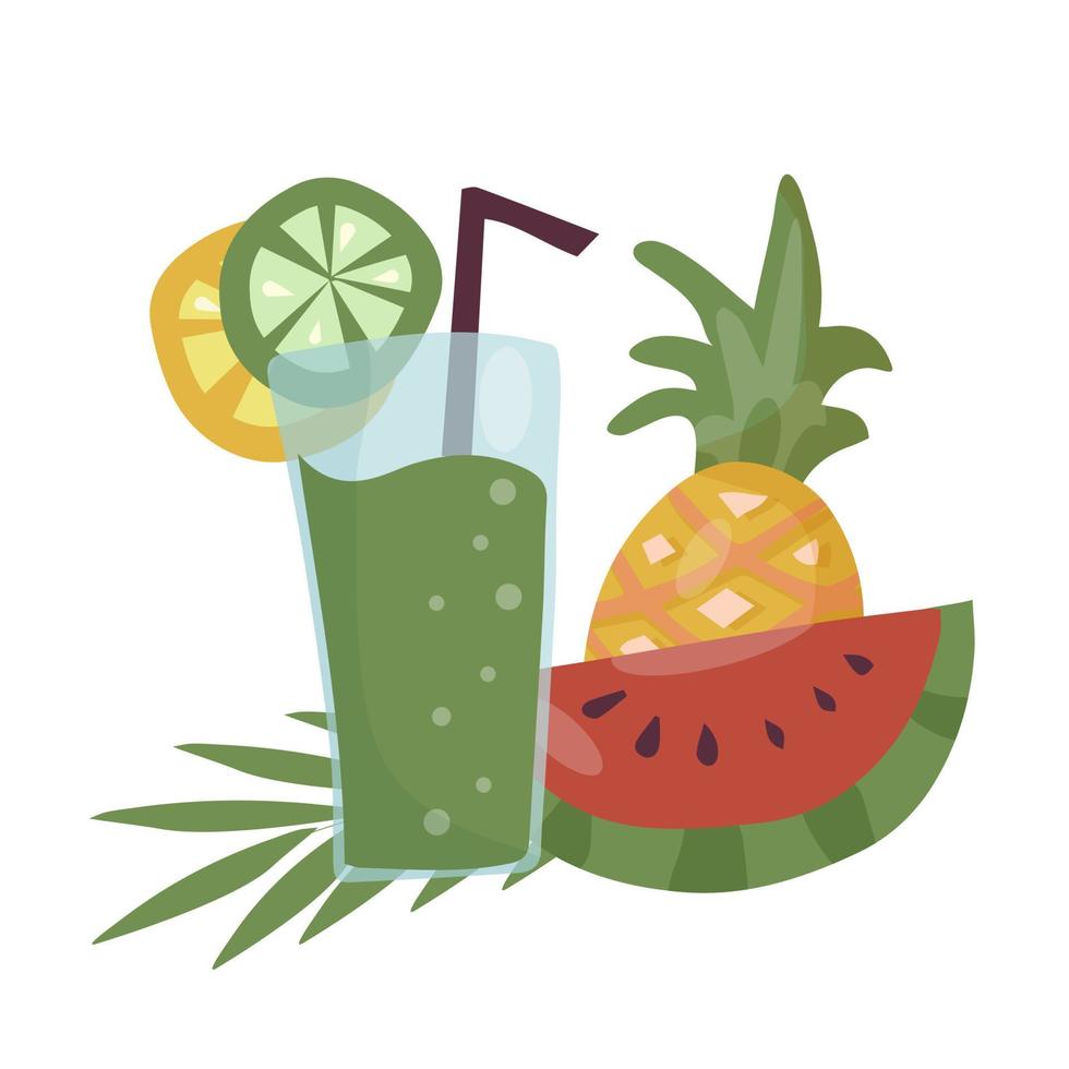 Summer refreshing fruit cocktail. Non-alcoholic drinks in a simple glass glass and straw. Fresh smoothies and slices of fresh fruit against a backdrop of palm leaves. Healthy vegan food. vector