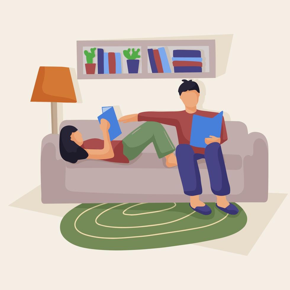 A young couple sitting on the couch in the living room. They are reading paper books. Love and relationships. Learning at home, family activities together vector