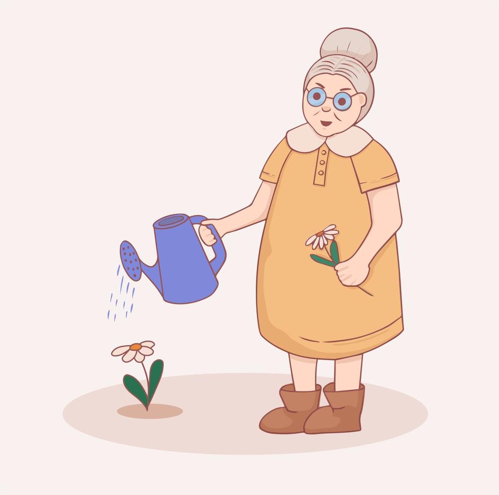 Cute female character. Grandmother with a watering can is watering a flower in the vegetable garden vector