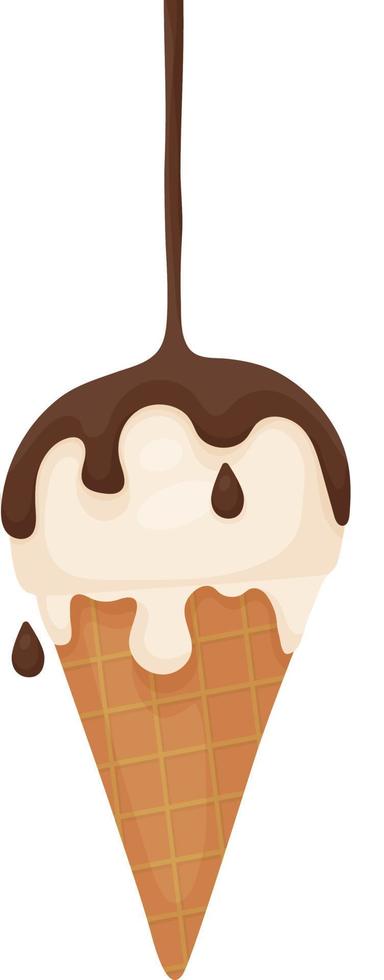 Ice cream flat vector illustration in cartoon style. A ball of melting ice cream in a waffle cone. Chocolate syrup poured on top. Favorite tasty sweet dessert