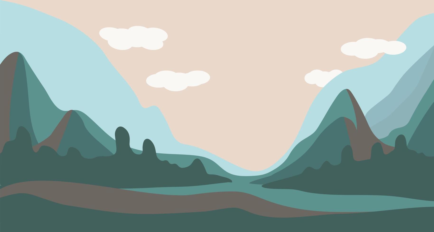 ilustración vectorial de un paisaje de primavera o verano. montañas con prados y árboles. naturaleza serena en colores pastel vector