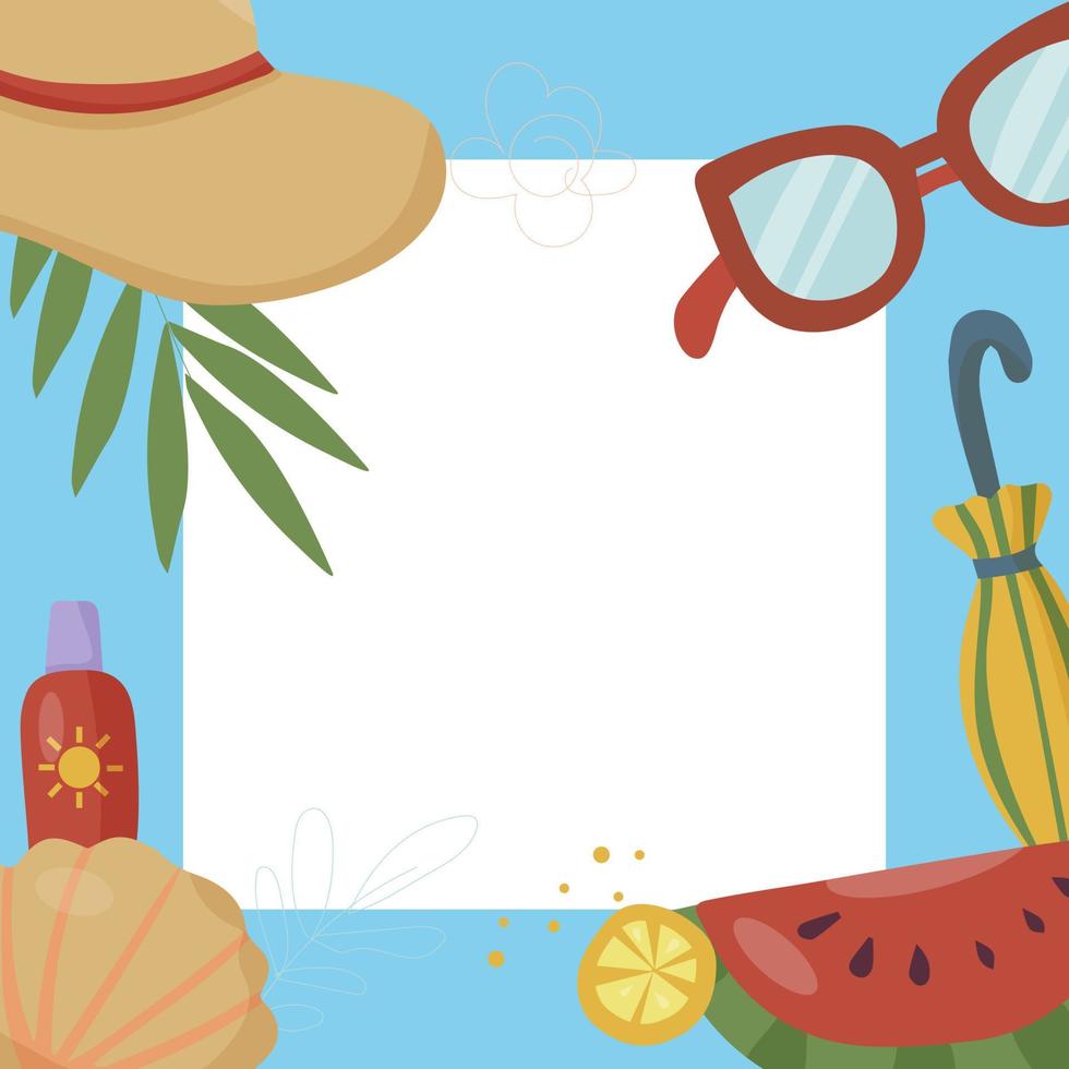 Square frame for with things for summer vacation and fruit. Palm leaves. Vacation and beach party concept vector