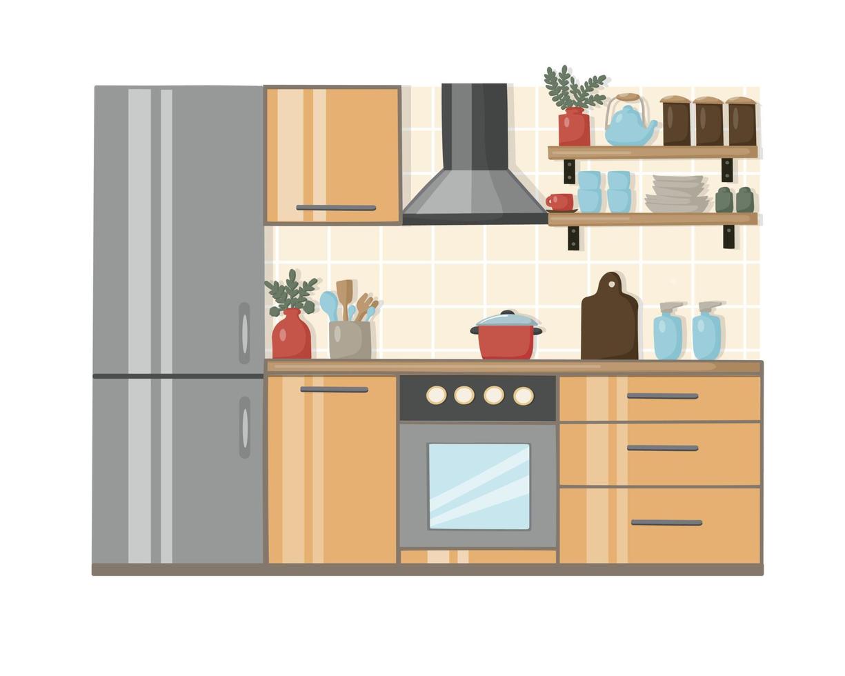 Kitchen interior with modern furniture and appliances. Flat style refrigerator, stove and hood. Cookware and kitchen utensils vector