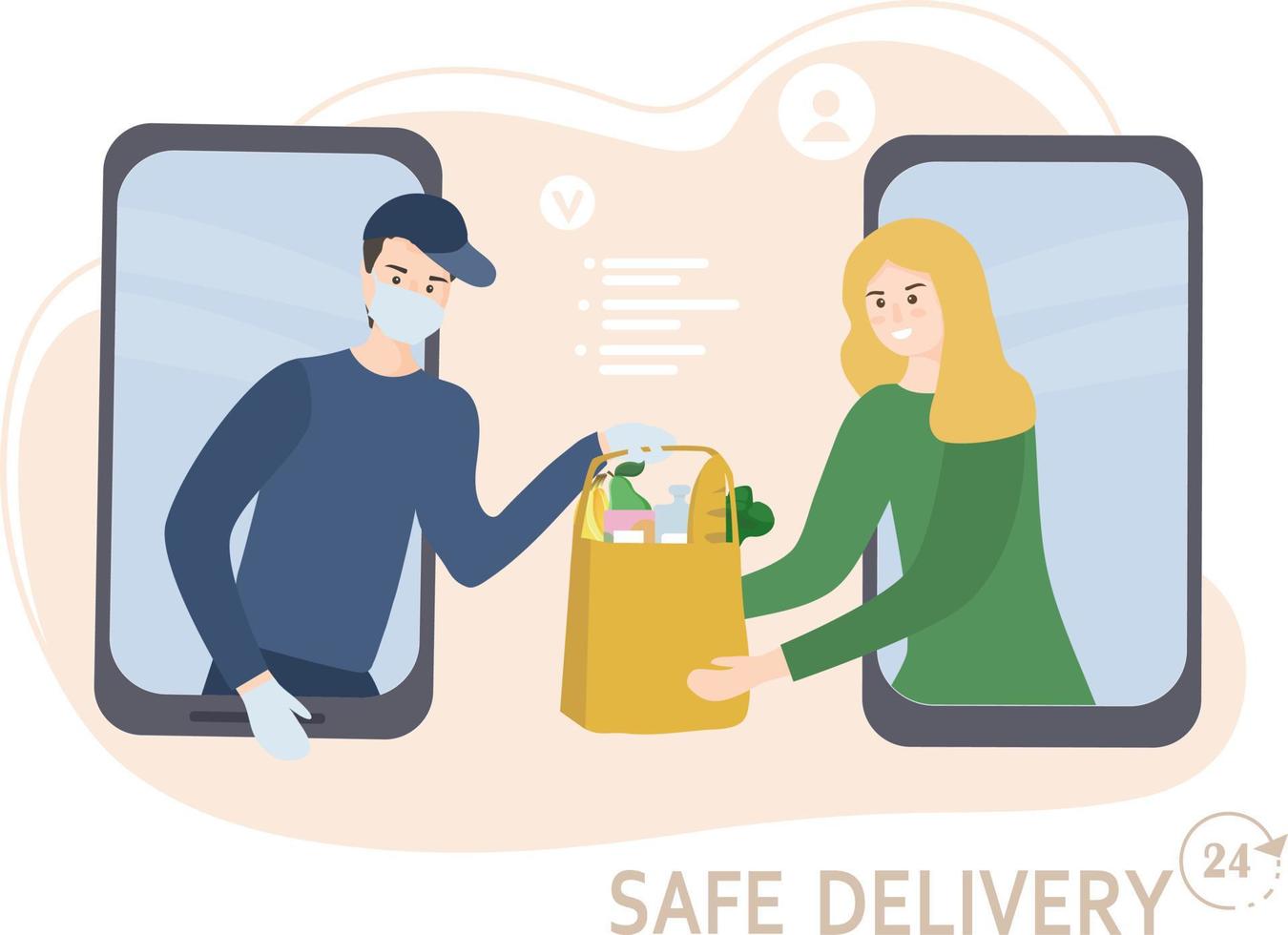 The concept of safe home delivery. Courier holds a bag of food, hands the customer fast food. Man in a mask and glove, protection from viruses. Online grocery store. vector