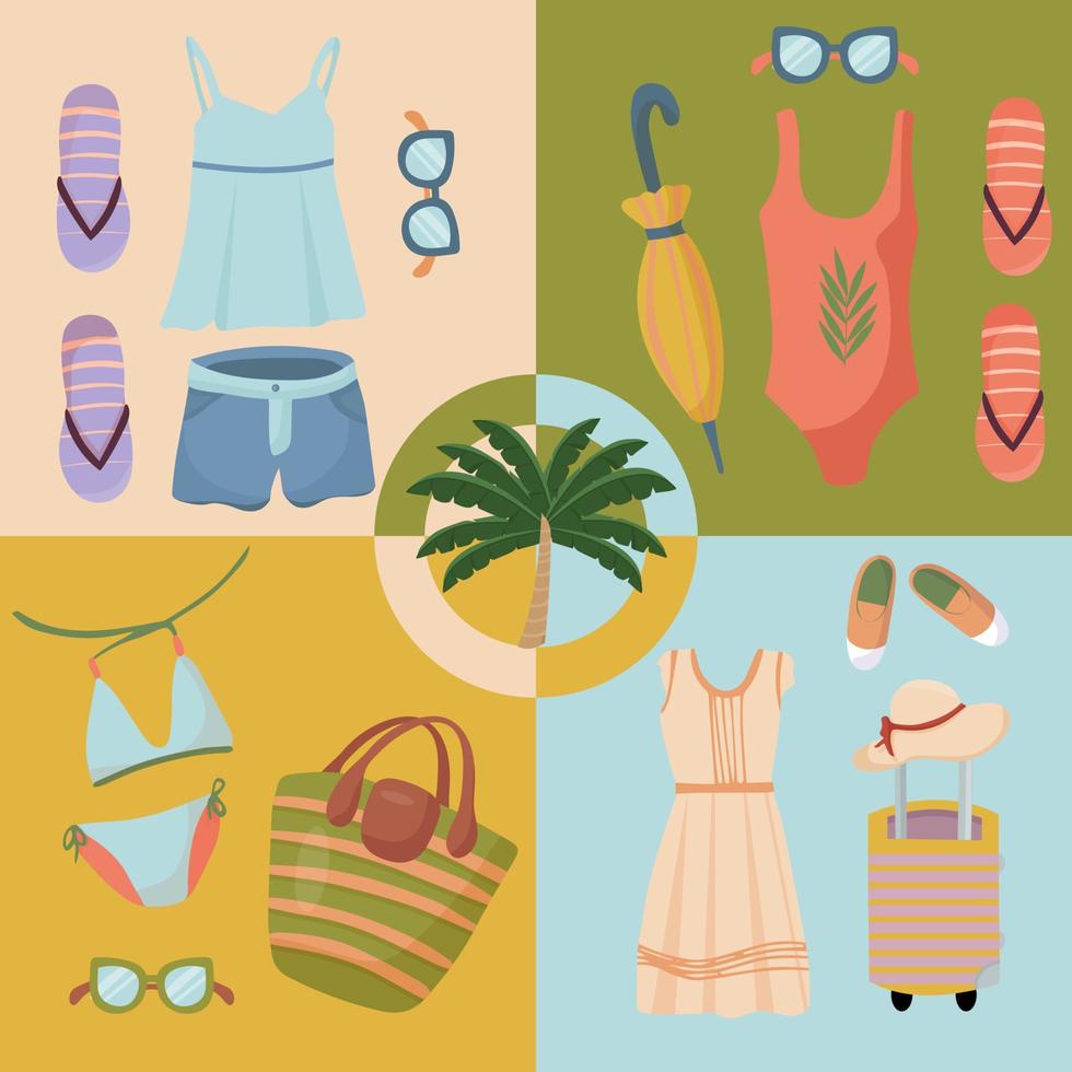 Summer clothing sets. Beach Accessories. Fashionable outfit for tourism. Vector items and things for vacation and travel.