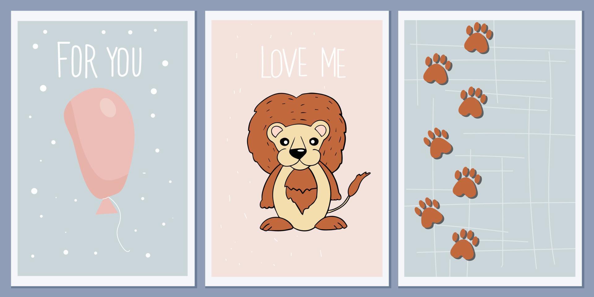 conjunto de plantillas para tarjetas de felicitación e invitaciones a fiestas con animales. león lindo huellas de fondo de bebé, huellas de patas. vector