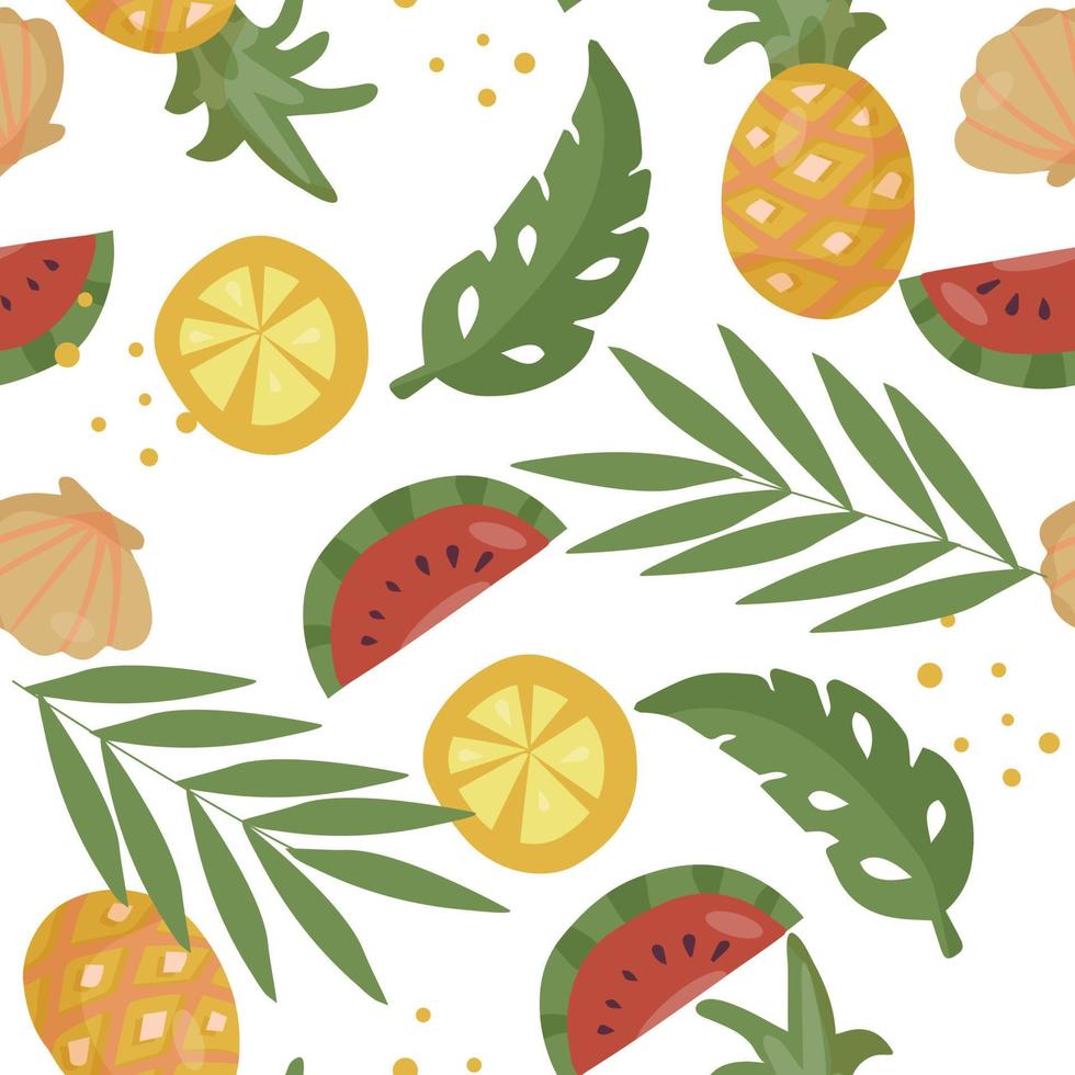 Seamless pattern with tropical fruit and palm leaves. Watermelon and orange slices, pineapple vector